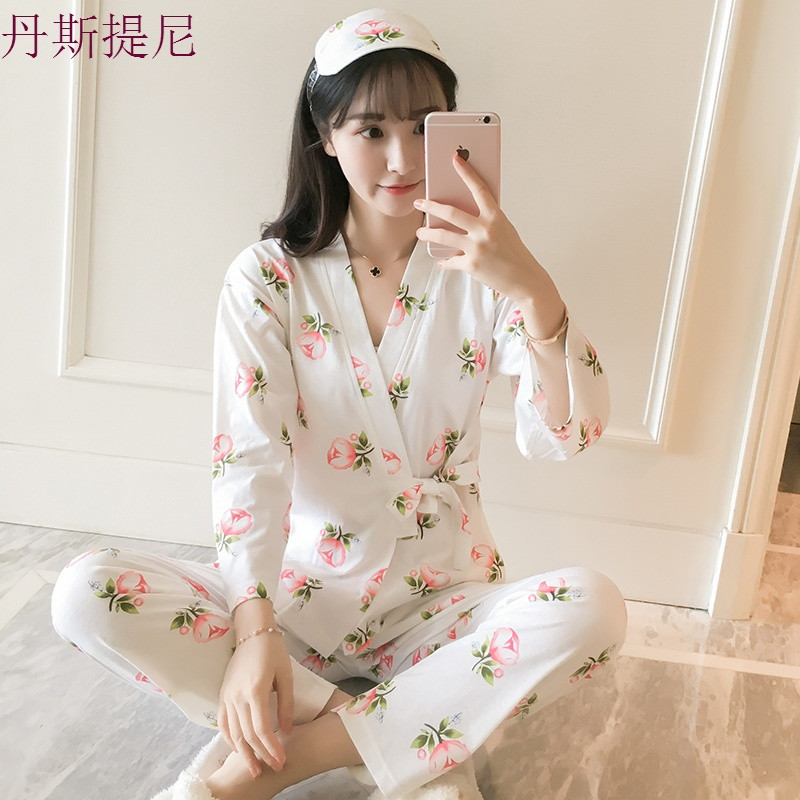 和服睡衣女秋季长袖纯棉两件套装狮子韩版清新学生春秋大码家居服_2 XXL FZ#663白色（送眼罩）