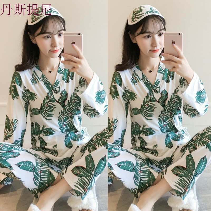 睡衣女秋长袖纯棉日系和服甜美可爱韩版清新学生春秋冬家居服套装 M 两件装和服（芭蕉叶+芭蕉叶）