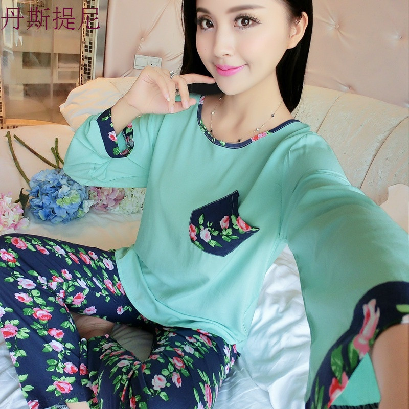 棉绸睡衣女春秋长袖绵绸家居服套装月子夏人造棉薄款甜美可爱韩版_8 绵绸长袖M 墨绿色斜口袋