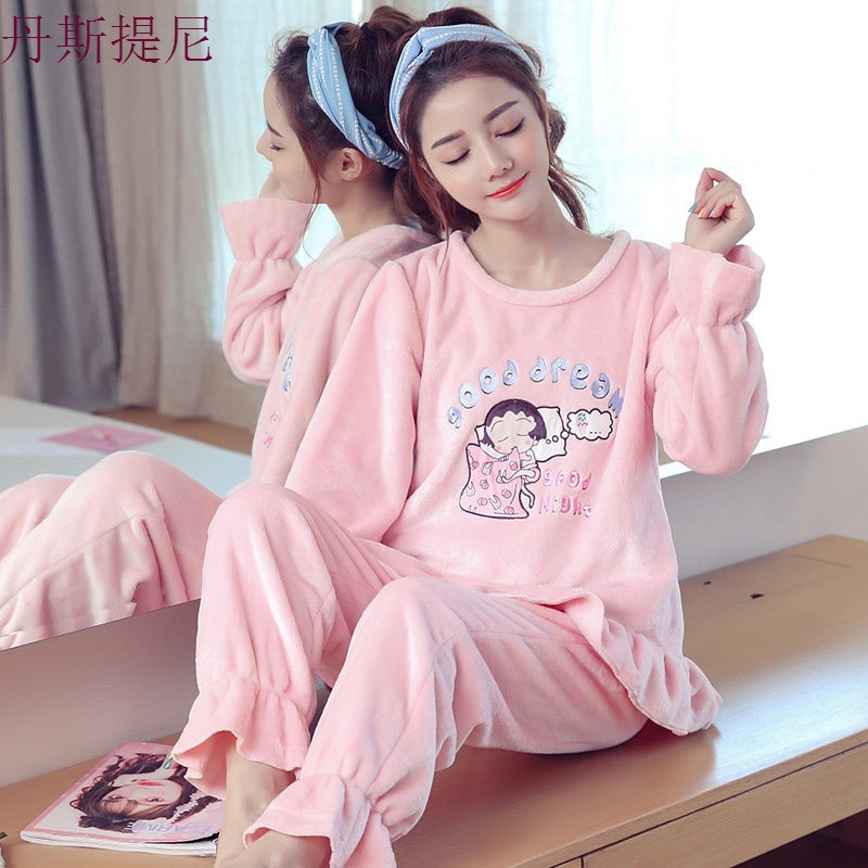 珊瑚绒睡衣女秋冬季加厚加绒保暖韩版甜美可爱法兰绒闺蜜套装冬天_9_4 L（160-165cm，105-120斤） 105小女孩粉色
