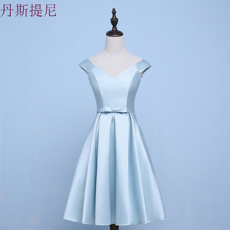 伴娘服短款2018新款夏季粉色缎面伴娘团礼服姐妹小礼服毕业晚礼服_9_0 77/60/XS 冰蓝色E款