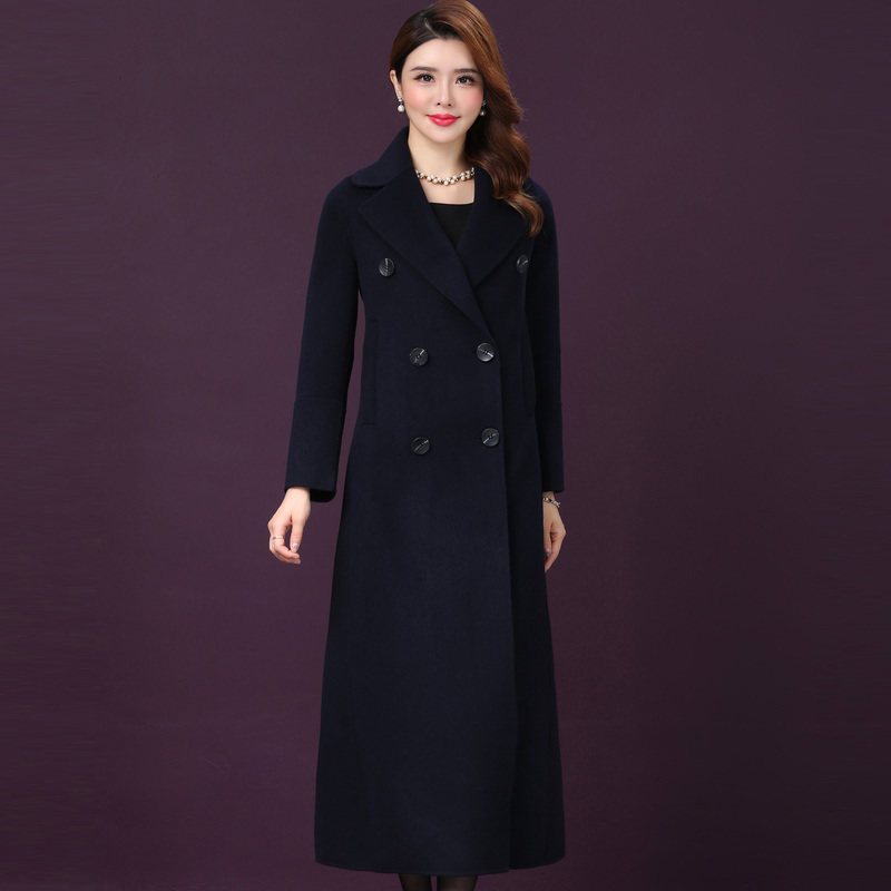 恒源祥羊毛呢大衣女秋冬装新款气质修身呢子长外套双排扣纯色风衣_1 160/84A 藏青