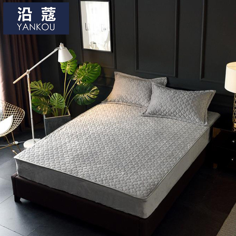 沿蔻家纺 加厚夹棉床垫套床罩床单 简约纯色水晶绒可水洗床笠1.5/1.8米 200*220cm 神秘灰