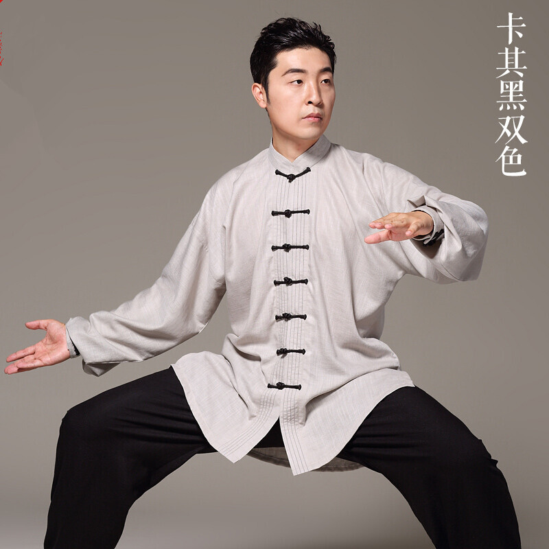 中国风天丝麻太极服女秋冬太极拳练功服男晨练服竖琴纹_1_4 XS 卡其黑双色天麻长袖