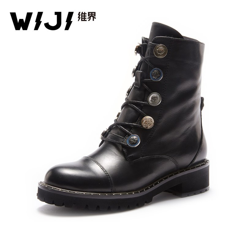WIJI秋冬季新款时尚加绒马丁靴休闲英伦复古中筒女靴子个性绑带潮_1 黑色 37