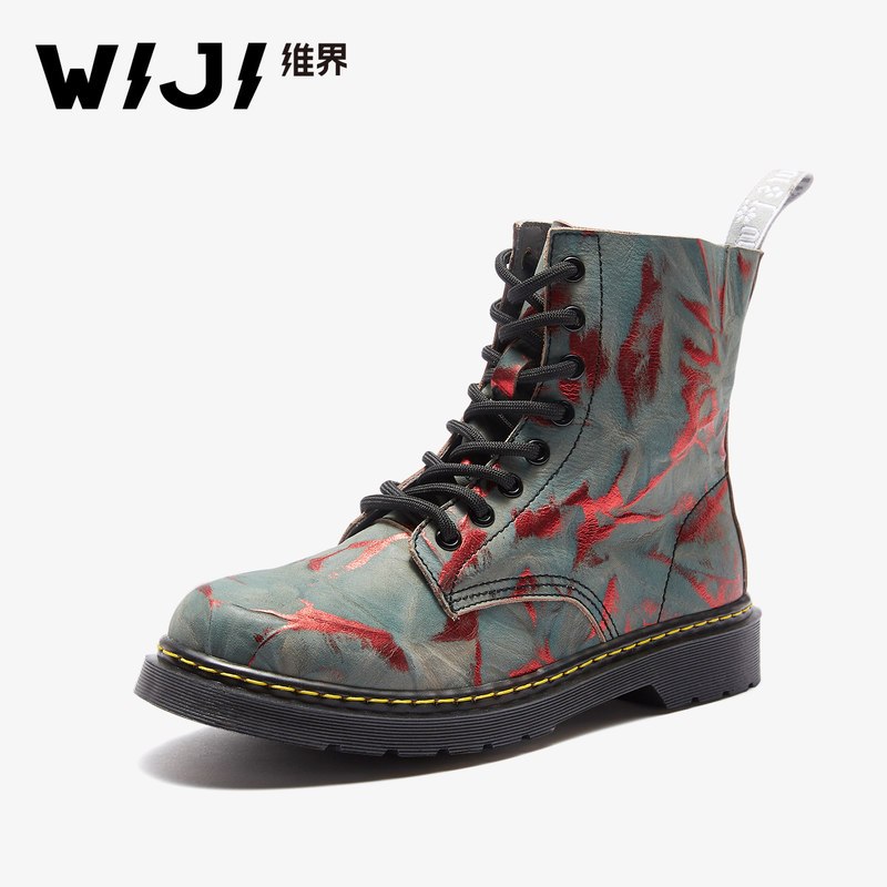 WIJI2018秋季新款时尚欧美马丁靴女撞色街拍系带松糕底牛皮高帮鞋_1 38 黑红