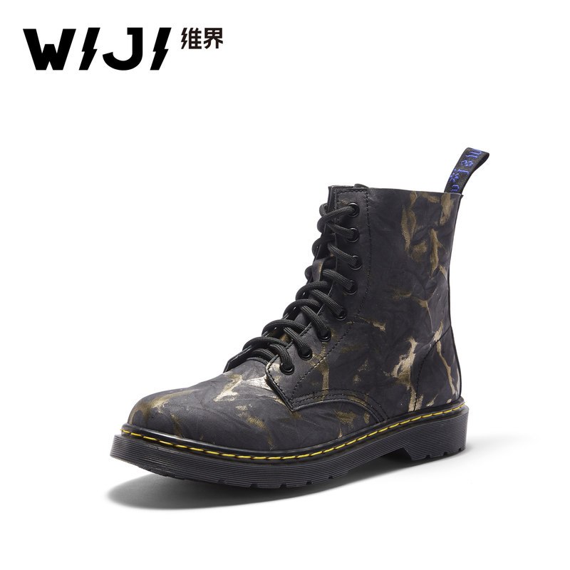 WIJI维界秋季2018新款欧美马丁靴女鞋ins潮搭短靴拼色混搭街头风 黑金色 39