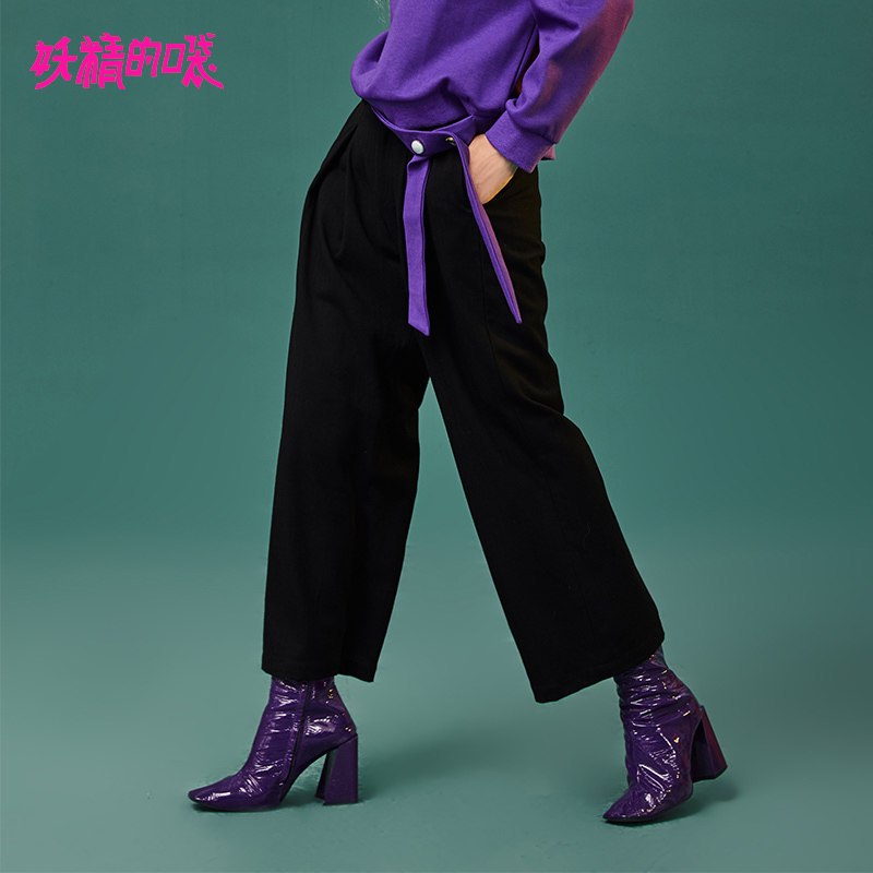 妖精的口袋Y经典格子阔腿裤女韩版秋装2018新款通勤时尚休闲长裤J S 夜色黑