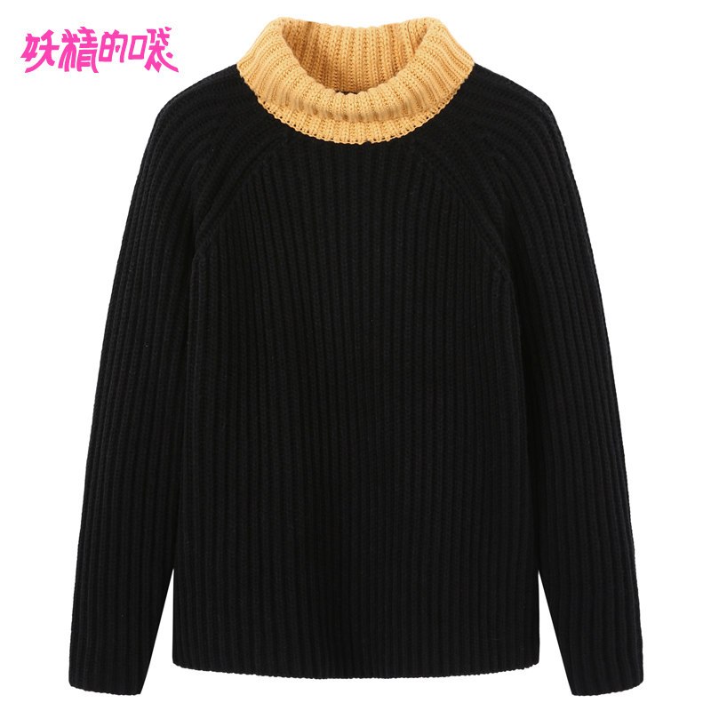 妖精的口袋Y早秋高领套头毛衣女冬装2018新款韩版通勤长袖针织衫_1 M 夜色黑