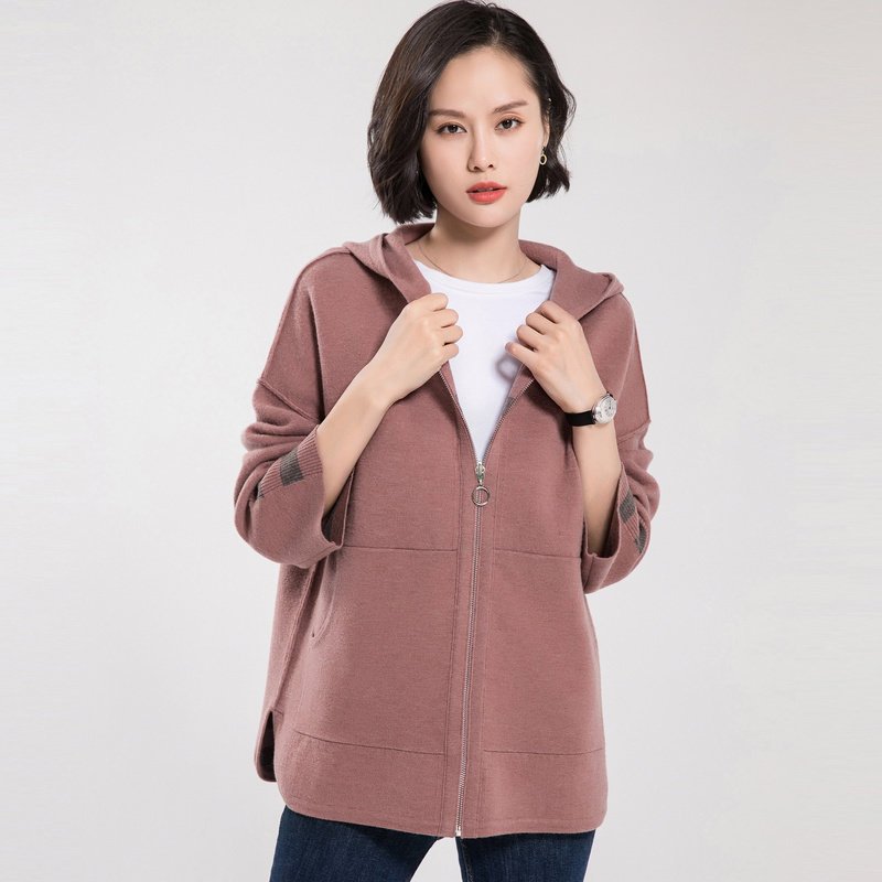 恒源祥休闲连帽针织衫女条纹秋冬宽松拉链毛衣外套侧开叉纯羊毛衫_1 165/M 杂红