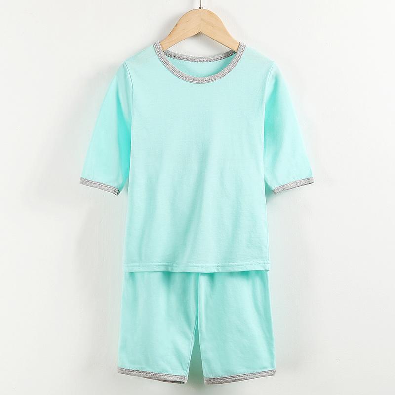 顶瓜瓜夏季纯棉男童套装糖果色七分袖薄款男女童家居服套装空服 100cm 碧水绿