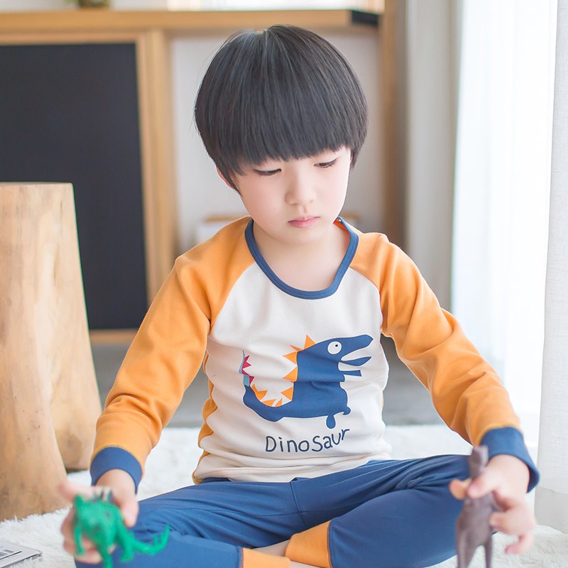 儿童内衣套装纯棉顶瓜瓜顶呱呱男童秋冬保暖秋衣秋裤中厚棉毛衫 150cm 小恐龙桔色