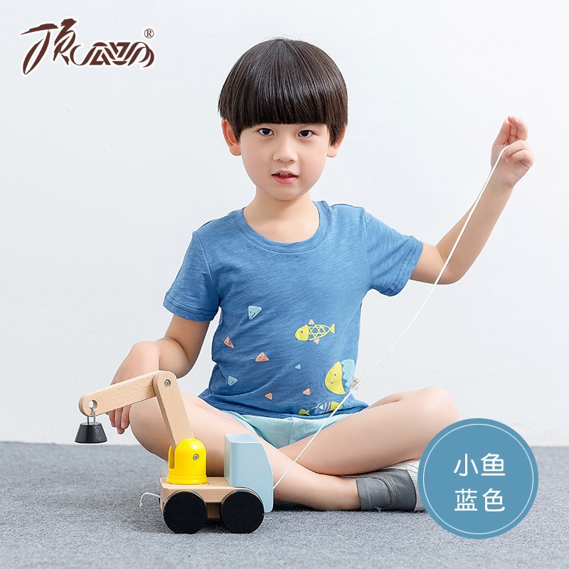 儿童短袖睡衣套装女童可爱公主家居服男童卡通印花空服夏季薄款_6 110cm 小鱼蓝
