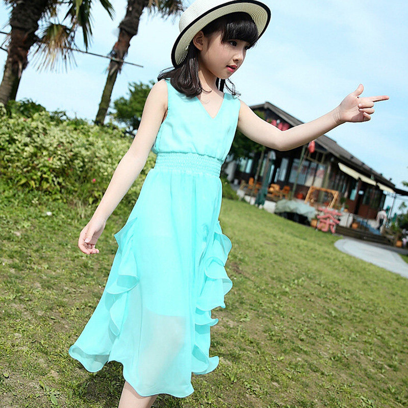 女童连衣裙夏装中大童女童装儿童雪纺公主12至15岁沙滩裙 140cm 浅蓝色