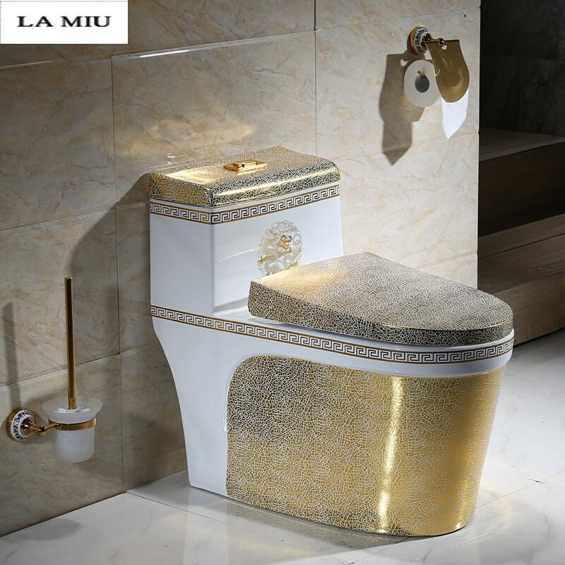 彩色马桶家用坐便器欧式彩金陶瓷座便器250/350坑距卫生间坐厕_6 A款金色+金色盖板 305mm