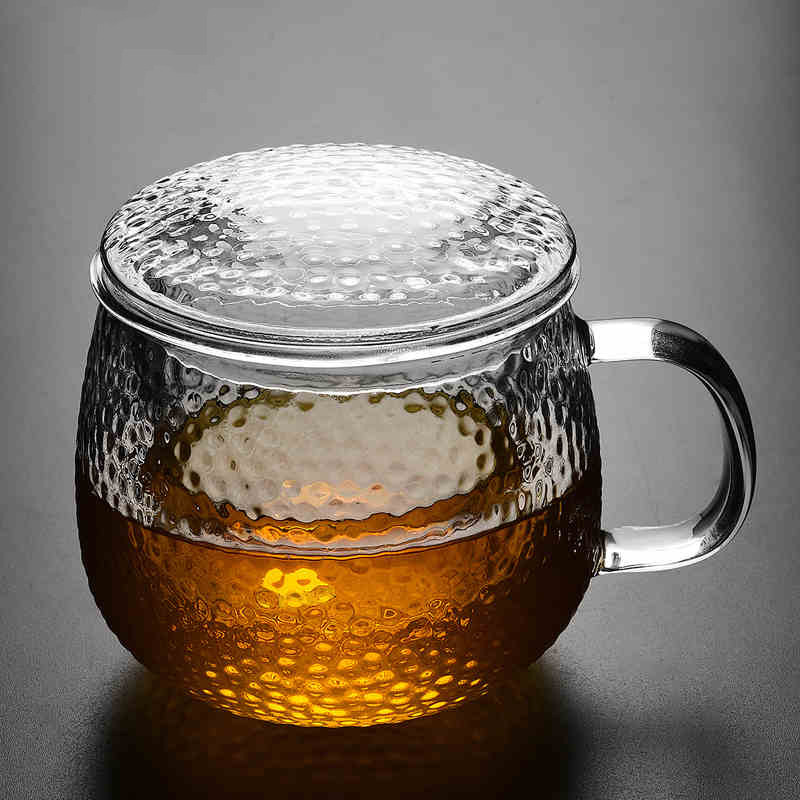 锤纹三件式泡茶杯耐热玻璃杯透明茶杯带盖过滤水杯子_2 锤纹泡茶杯