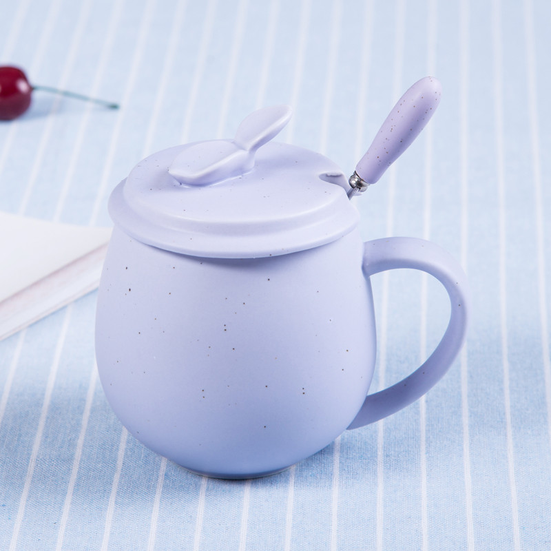 杯子大肚陶瓷杯早餐牛奶杯水杯咖啡杯马克杯带盖带勺情侣杯生日_1 紫色瓷盖配勺
