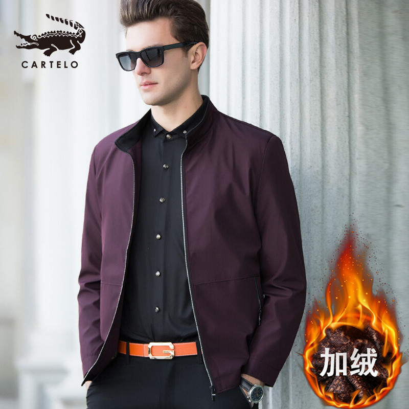 卡帝乐鳄鱼(CARTELO)夹克男中年冬季加绒加厚棉衣外套宽松立领茄克衫BACA9 190 暗红加绒款