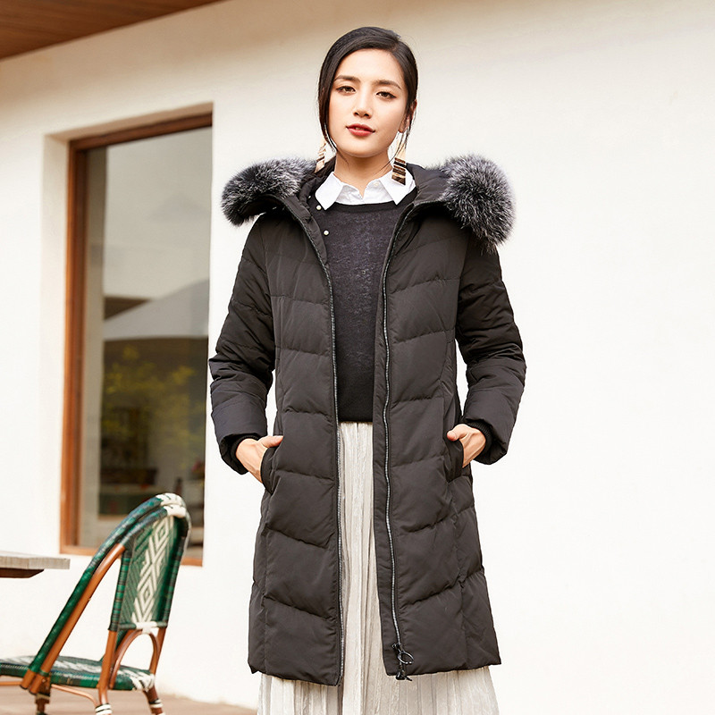 千仞岗 羽绒服女狐狸毛领纯色中长款羽绒服 229183 180/2XL 魔力黑88005