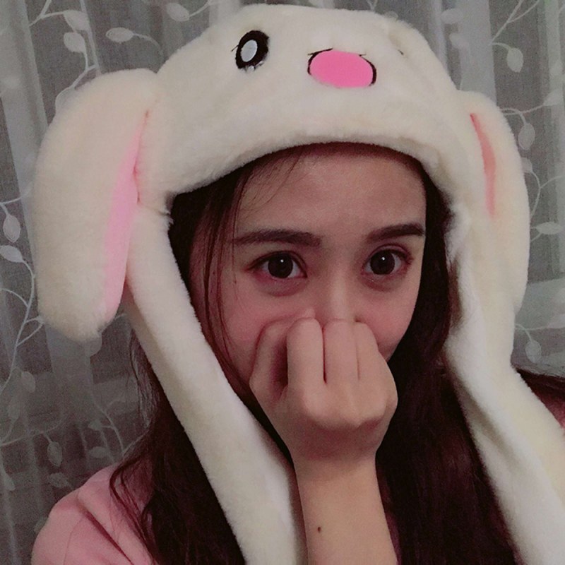 派尼美特一捏耳朵会动气囊帽快乐大本营抖音同款冬季纯色兔耳朵玩具帽子 米黄色