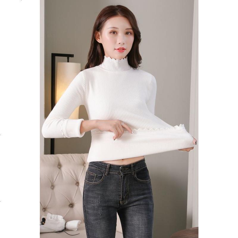 实拍加绒加厚毛衣女花边半高领2018秋冬季新款韩版宽松套头打底衫 XL(加绒加厚） 白色