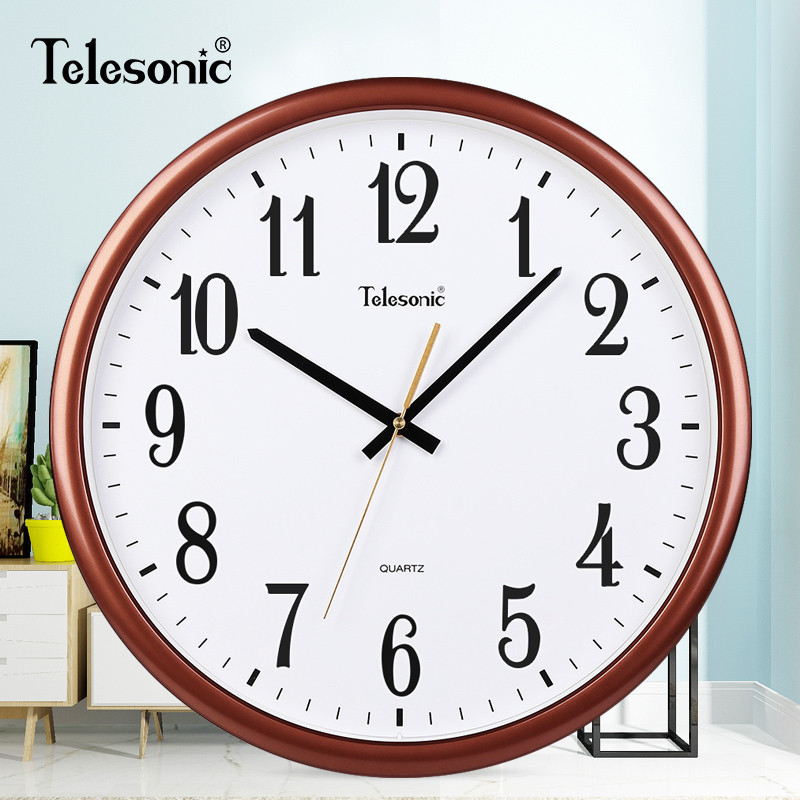 TELESONIC/天王星静音圆形挂钟 简约时尚客厅卧室钟表 书房会议室现代创意石英钟 静音扫秒机芯 16英寸咖啡色
