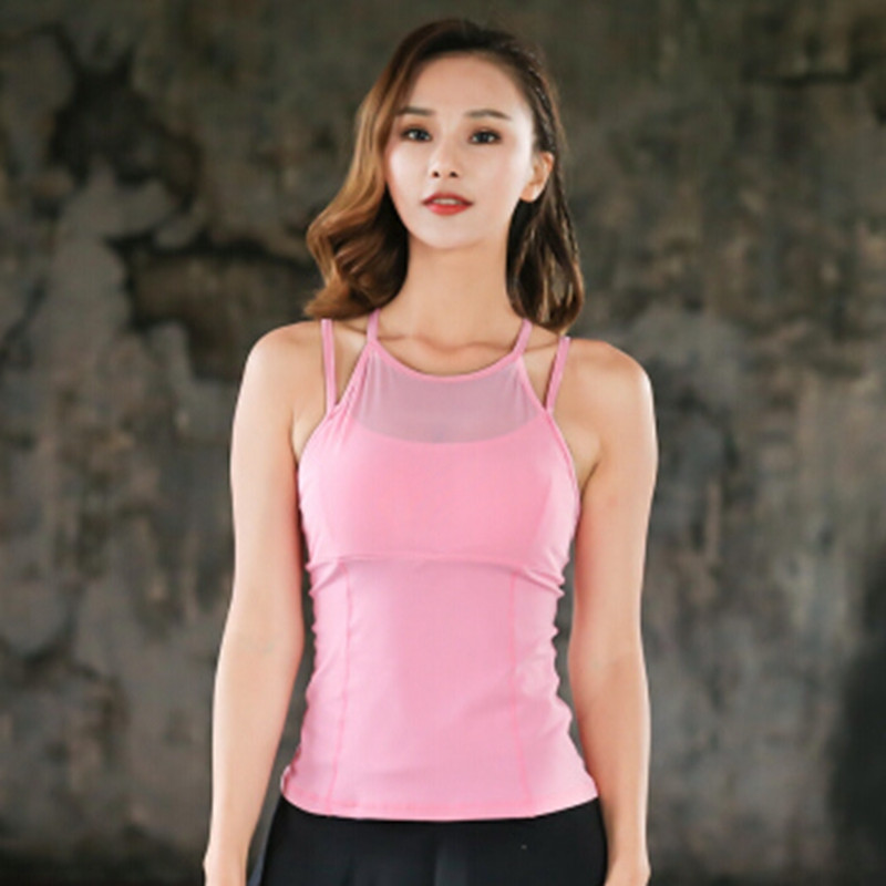 瑜伽服女上衣背心含胸垫夏季薄款健身服跑步运动T恤无袖_1 S 粉色
