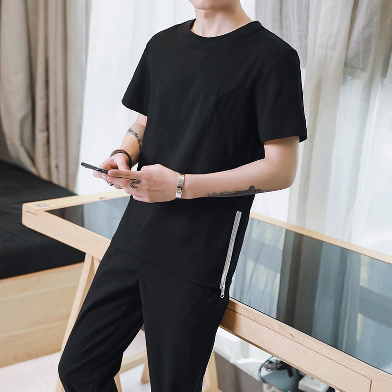 夏季男式短袖T恤圆领潮流休闲套装男套装男两件套九分裤_1 XXL JC-D87黑色