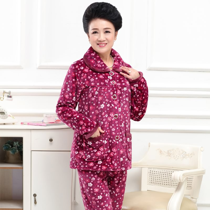 爱心鼠(Aixinshu) 秋冬季水貂绒长袖中老年妈妈保暖睡衣套装秋冬天女士开衫法兰绒婆婆休闲家居服8464 L码 1号款