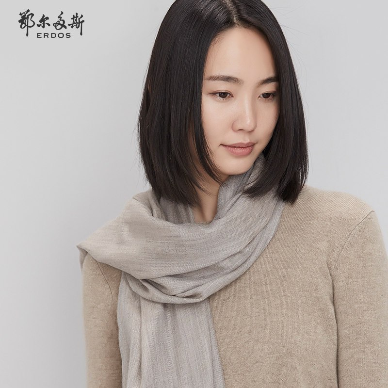 鄂尔多斯秋冬精纺纯绒色织披肩围脖围巾200X90Q576W1001 驼