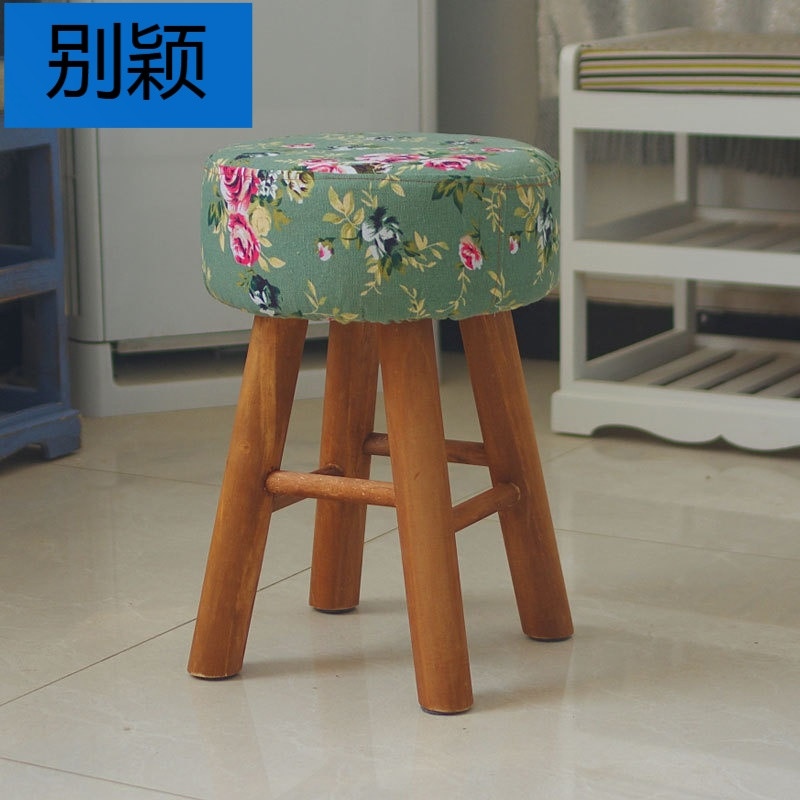 别颖实木换鞋凳时尚创意餐桌凳布子艺沙茶几小圆方凳子简约矮凳 浅绿花布