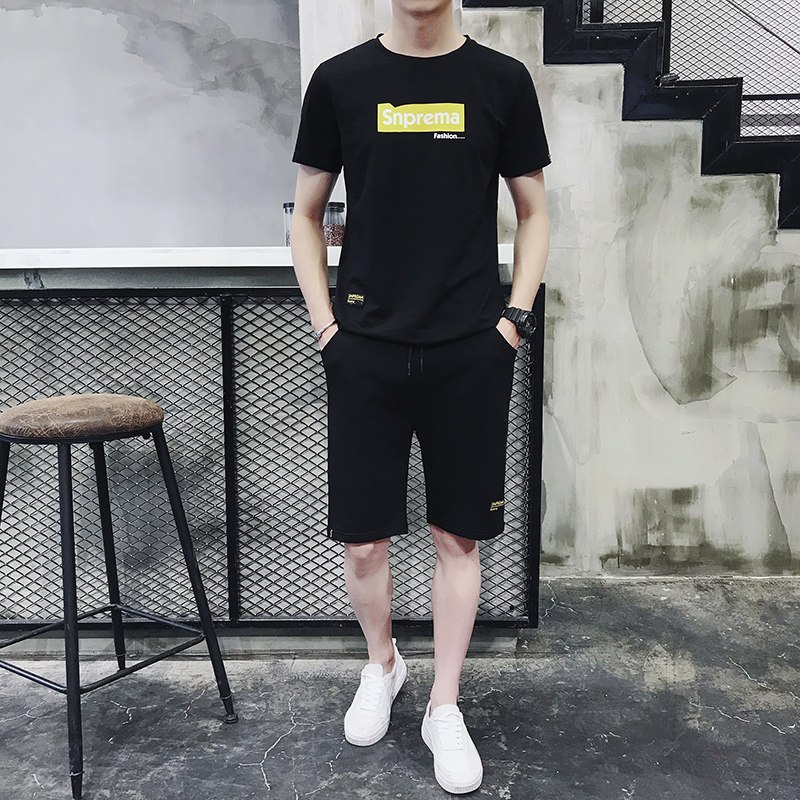 男士运动套装夏季跑步健身运动衣服装宽松休闲短袖T恤短裤两件套_3 3XL 933黑色