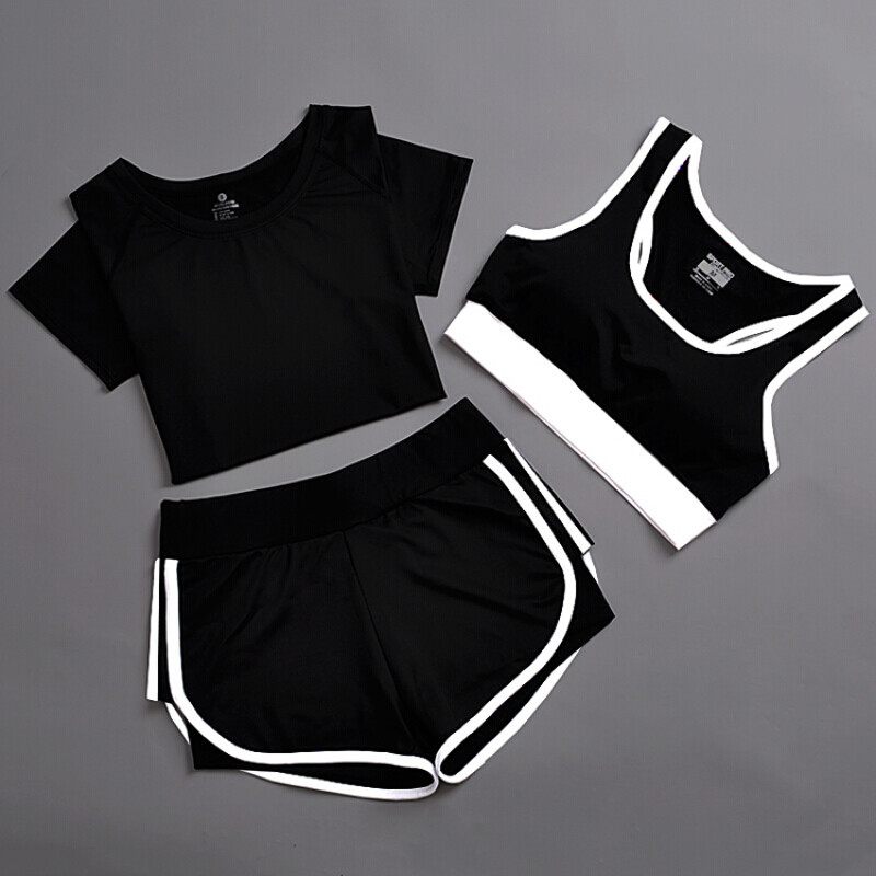户外夏季运动套装女瑜伽服运动三件套跑步健身服速干运动短裤防震背心_6 3XL 黑T+白边wx+竖白短裤三件套