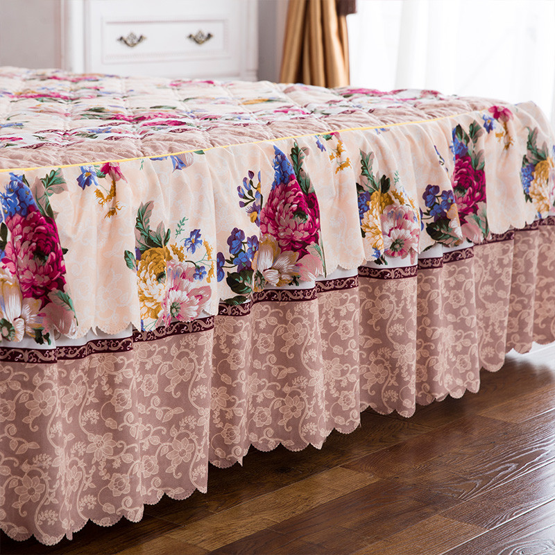 韩版床裙式四件套加厚夹棉床罩磨毛4件套床套被套1.8米2.0米床_4_9 微风-红