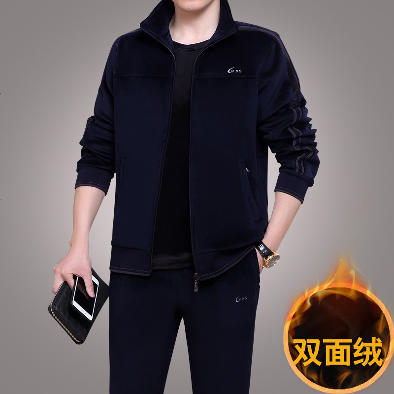中老年运动套装男加绒加厚秋金貂绒爸爸装金丝绒老年运动服套男冬 L/建议100-120斤 039紫罗兰