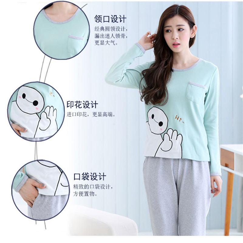 女士睡衣女长袖纯棉春秋全棉家居服套装薄款休闲大码 XXL 大白