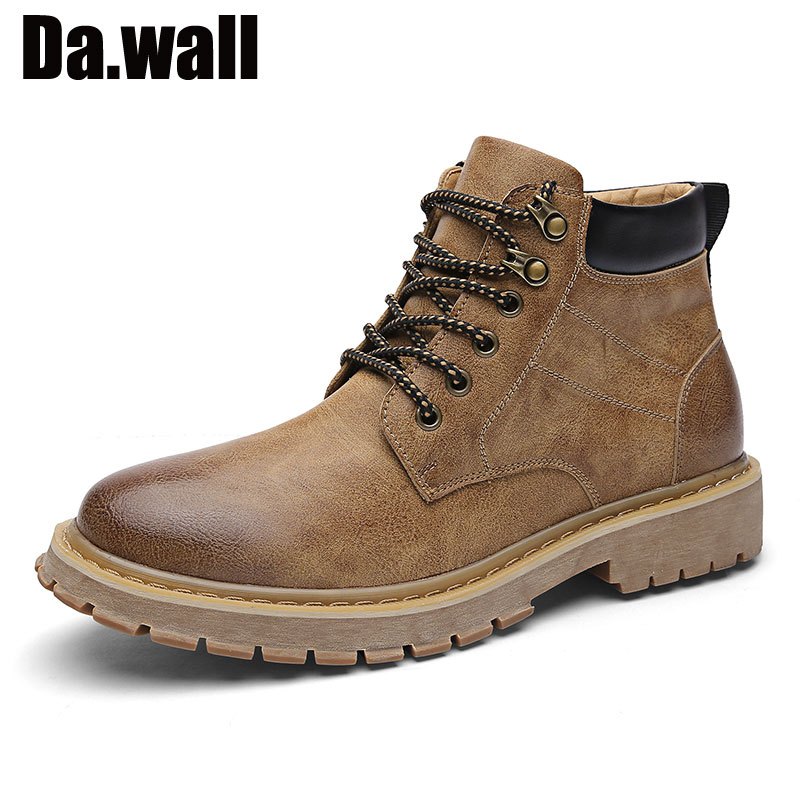 英国品牌Da.Wall马丁靴男2018新品英伦风百搭鞋子中帮男士休闲鞋男冬季加绒保暖靴子高帮工装靴潮短靴 黄色 41码