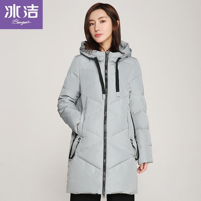 冰洁(BENGEN)冬季中长款纯色羽绒服连帽常规款冬季羽绒服女士_1 155/XS 4183浅灰绿
