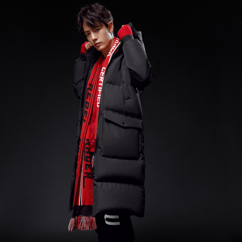 美特斯邦威羽绒服男连帽中长款2018冬季新款潮流学生肖战同款外套 165/88A/S 黑色