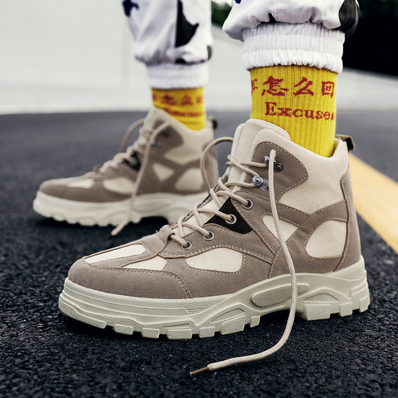 帆汀(Aja fighting)厚底工装靴男韩版潮流帆布高帮休闲鞋加绒短靴新品推荐男鞋冬季潮鞋2018新款保暖鞋子马丁靴 F-JLA07米色-不加绒 42码