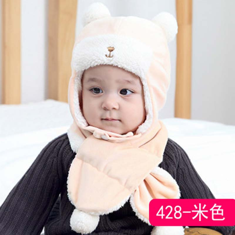 婴儿帽子秋冬季新生婴幼儿童加厚初生胎帽男女宝宝帽通用简约小清新婴童帽子 帽子+围巾 428米色0-24个月