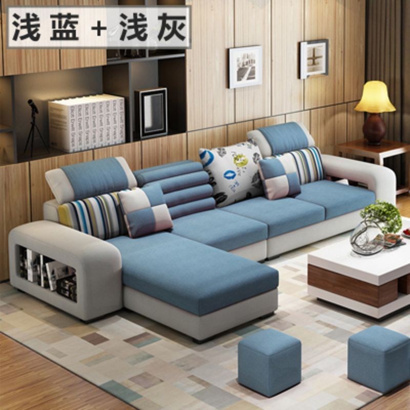 布艺沙发客厅整装科技免洗布小户型家具现代简约经济型三防布沙发_938_572 三位+脚踏[乳胶版]送茶几_浅蓝+浅灰