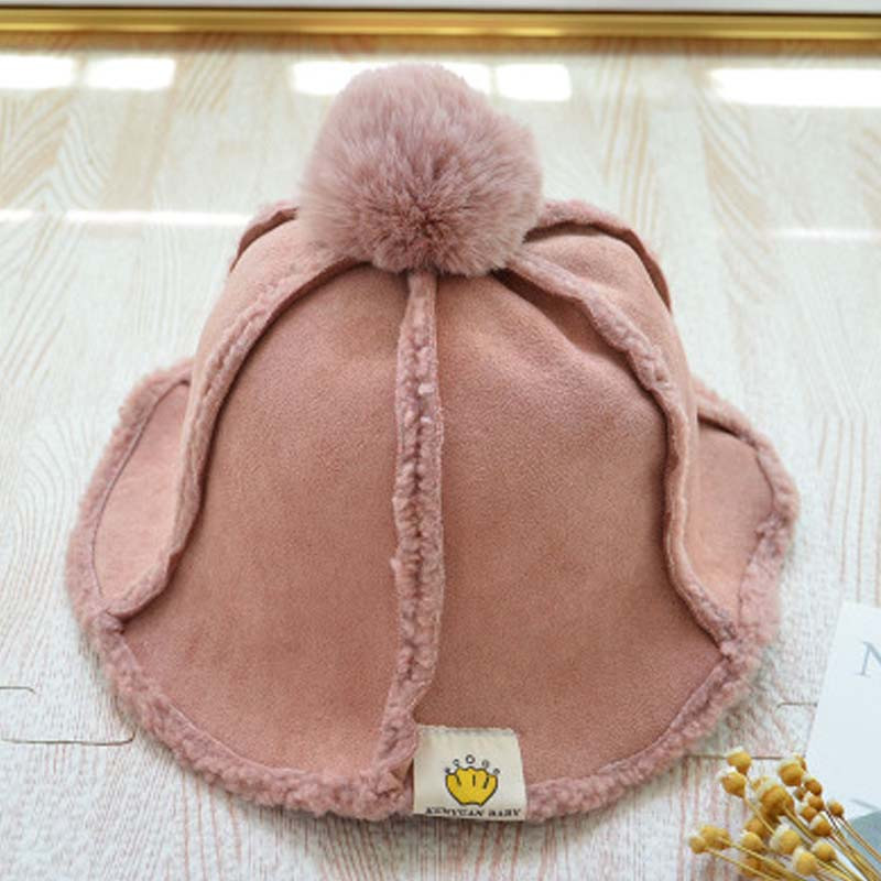 韩版秋冬儿童渔夫帽加绒加厚盆帽男童女童毛球保暖帽子通用简约小清新婴童帽子 2-7岁（50-53cm） 粉色（麂皮绒小球盆帽）