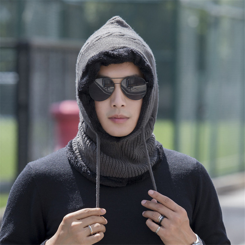 冬天毛线帽子男冬季女针织套头帽加厚加绒保暖骑车蒙面东北户外防风寒围脖护耳护脖两用男士帽子 灰色