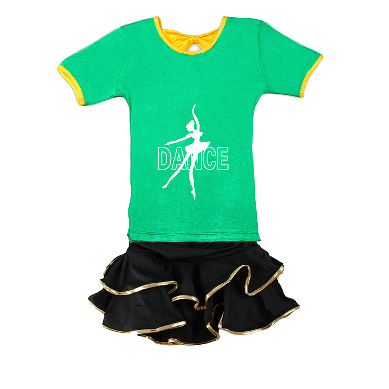 儿童舞蹈服装女童练功服少儿拉丁舞服装幼儿短袖演出服夏季套装_1_8 170cm A4绿色+6078黑裙金边