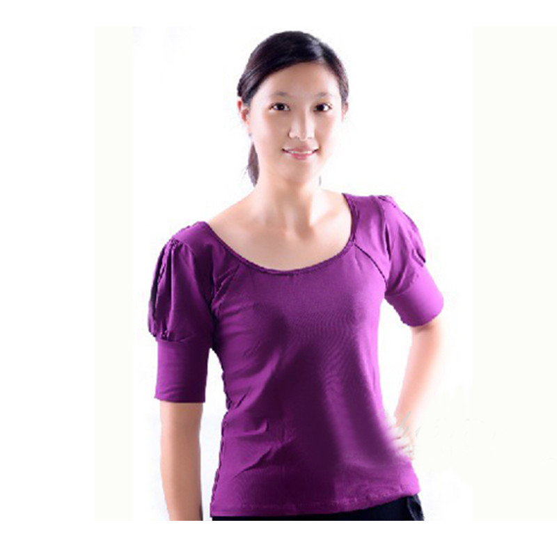 成人新款短袖拉丁舞上衣公主袖舞衣女舞蹈衣服广场舞服装练功服 XXL 成人公主袖茄紫