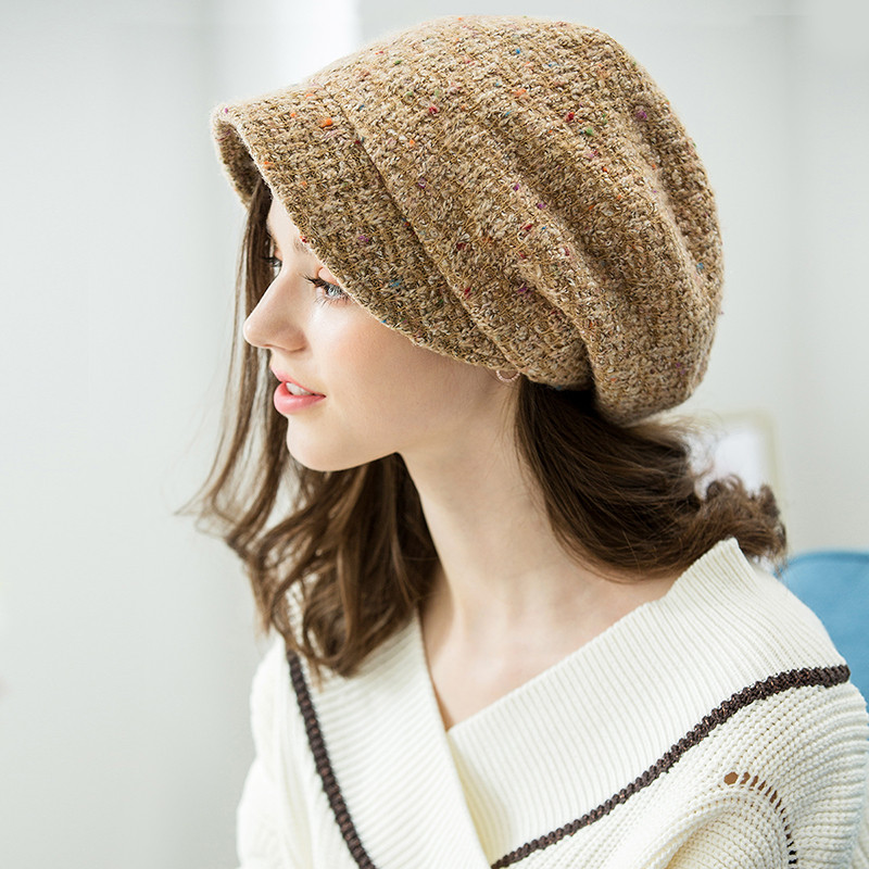 宏达HONDAR 2018秋冬新品女款韩版文艺短檐毛线帽休闲百搭堆堆帽 MZ026 卡其色