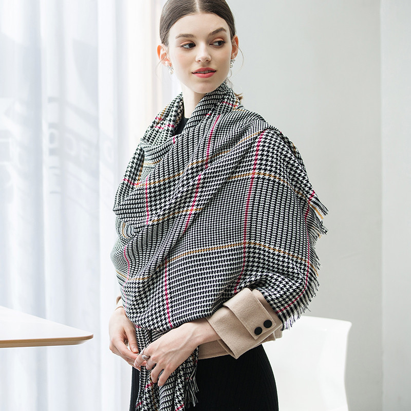 宏达HONDAR 2018秋冬新品（礼品礼袋）女款经典千鸟格撞彩色散穗羊毛围巾披肩大围巾 WJ765 2#