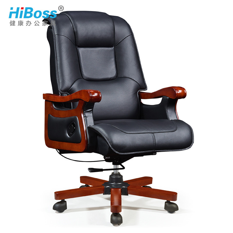 HiBoss 实木脚老板椅转椅办公椅皮椅电脑椅 黑色西皮