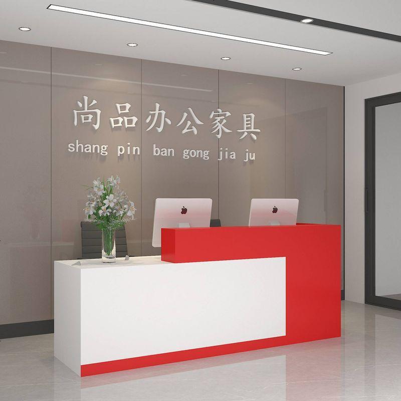前台接待台简约现代时尚超市收银台迎宾吧台桌大气烤漆转角柜台桌_33_229 哑光红配白右高_200x60x100cm